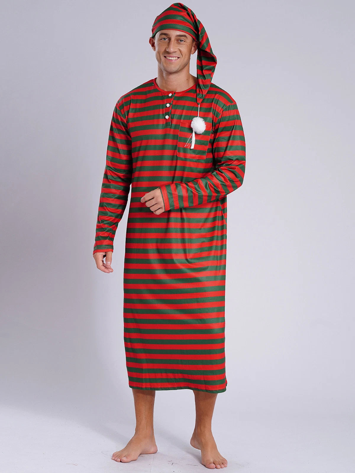 Men's Pajamas Set Long Sleeve Striped Robe Round Neck Loose Sleepwear with Hat