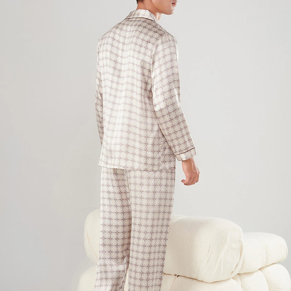 Men's 19MM 100% Pure Mulberry Silk Pajamas Set Long Sleeves Silk Sleepwear S~3XL