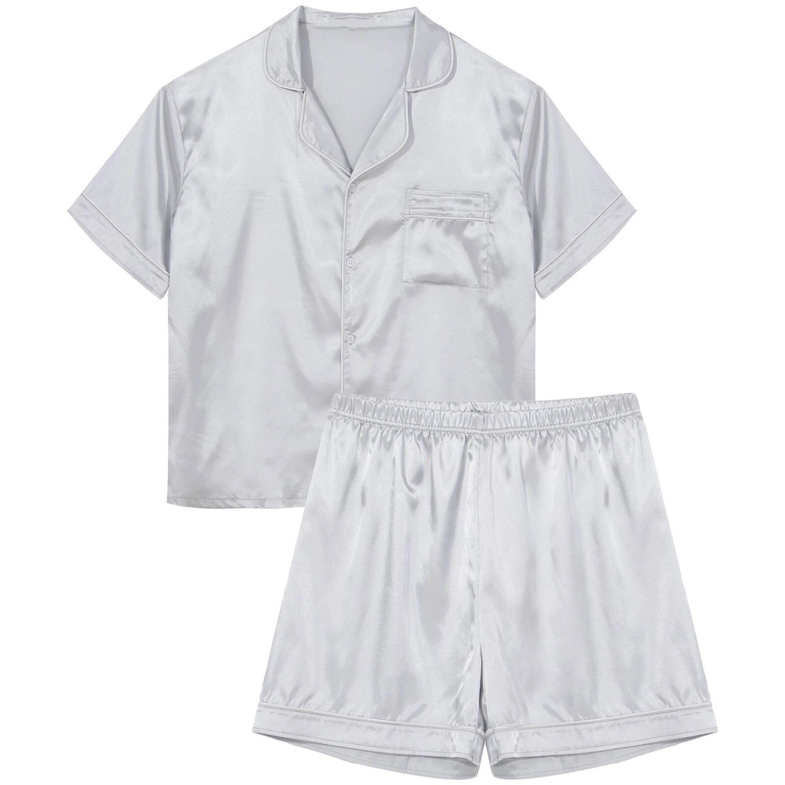 Men's Silky Satin Pajamas Set Short Sleeves Button T-Shirt Tops with Shorts