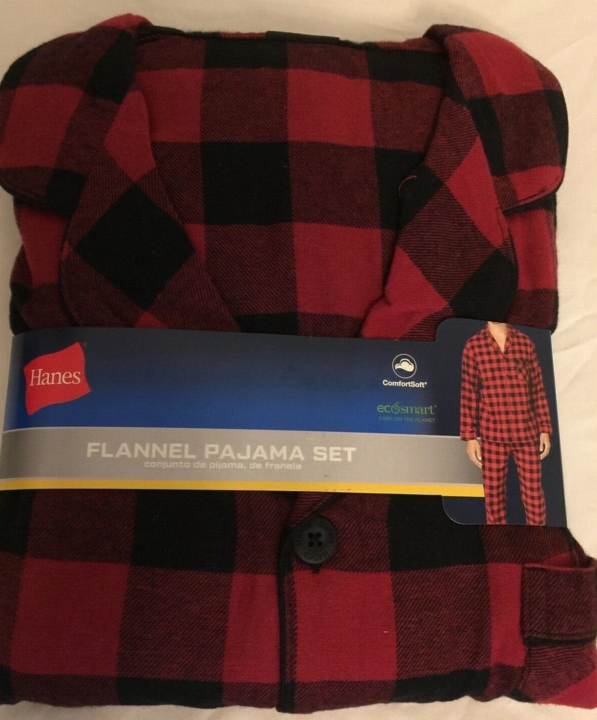 NWT Men's Hanes Flannel RED / BLACK Gray Plaid L/S Pant Set Pajamas PJs Cotton