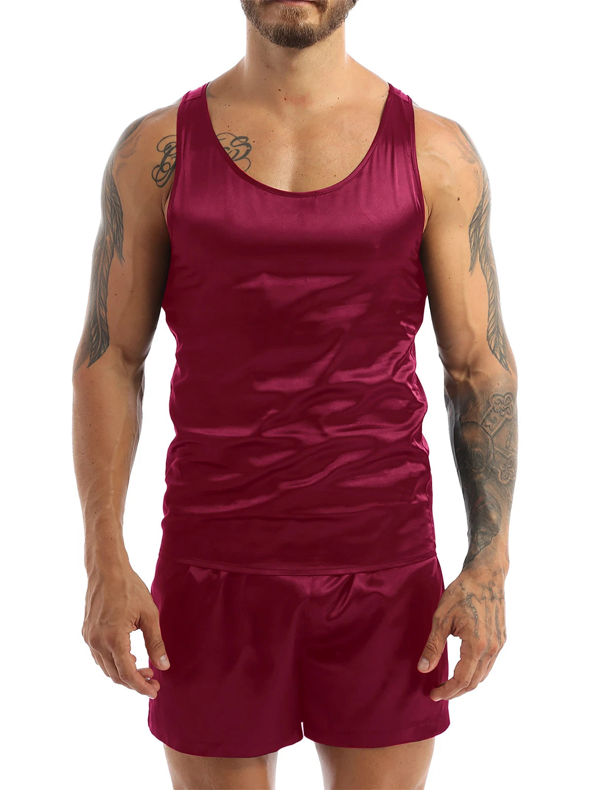 Men's Satin Pajamas Set Soft Silky Loungewear Nightwear Shirts Top with Shorts