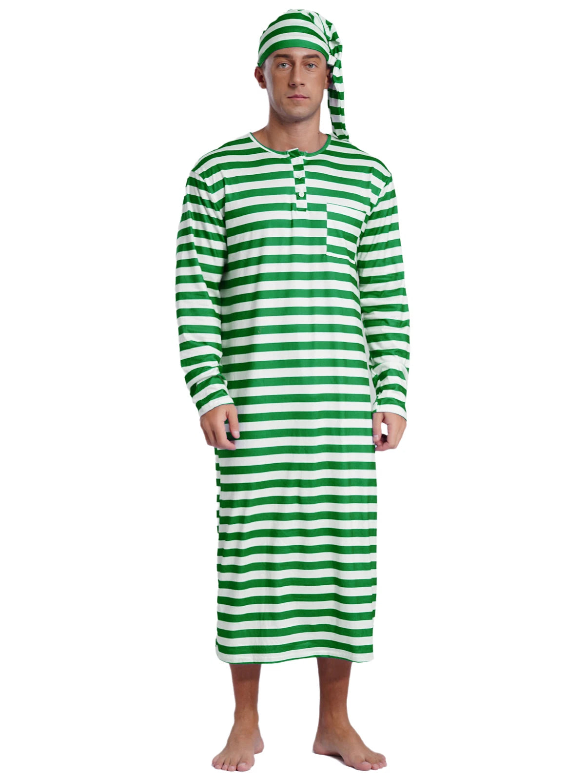Men's Pajamas Set Long Sleeve Striped Robe Round Neck Loose Sleepwear with Hat