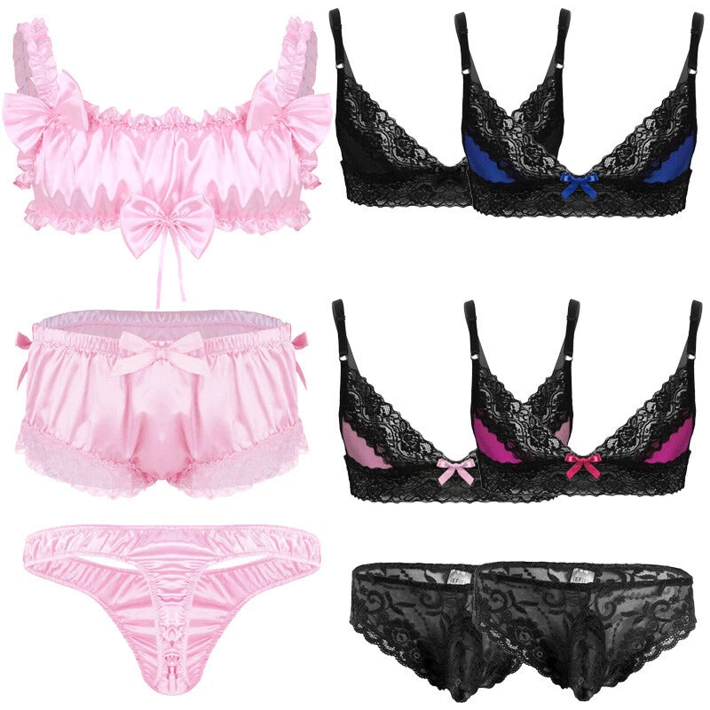 Men Ruffled Lingerie Set Cami Straps Bandeau Bra Thong 2Pcs Crossdresser Pajamas