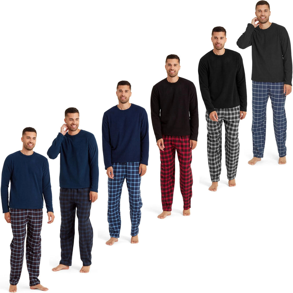 Snuggaroo Mens Soft Fleece Pyjamas Set PJs Long Sleeve Top Checked Bottoms