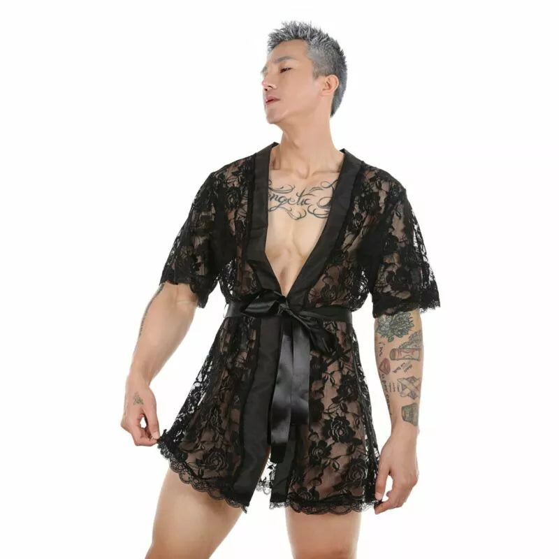 Mens See Through Lace Robe Bathrobe Nightwear Underwear Gown Pajamas Lingerie