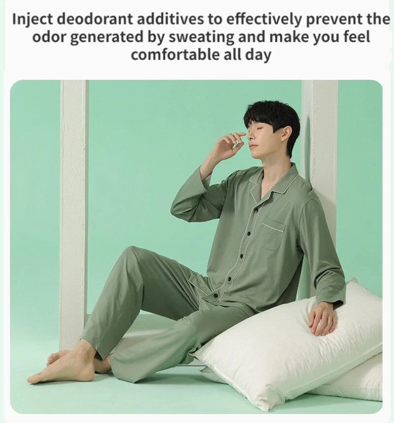 Men's Homewear Pajama Set Pure Color Soft Comfort Antibacterial Long Sleeve