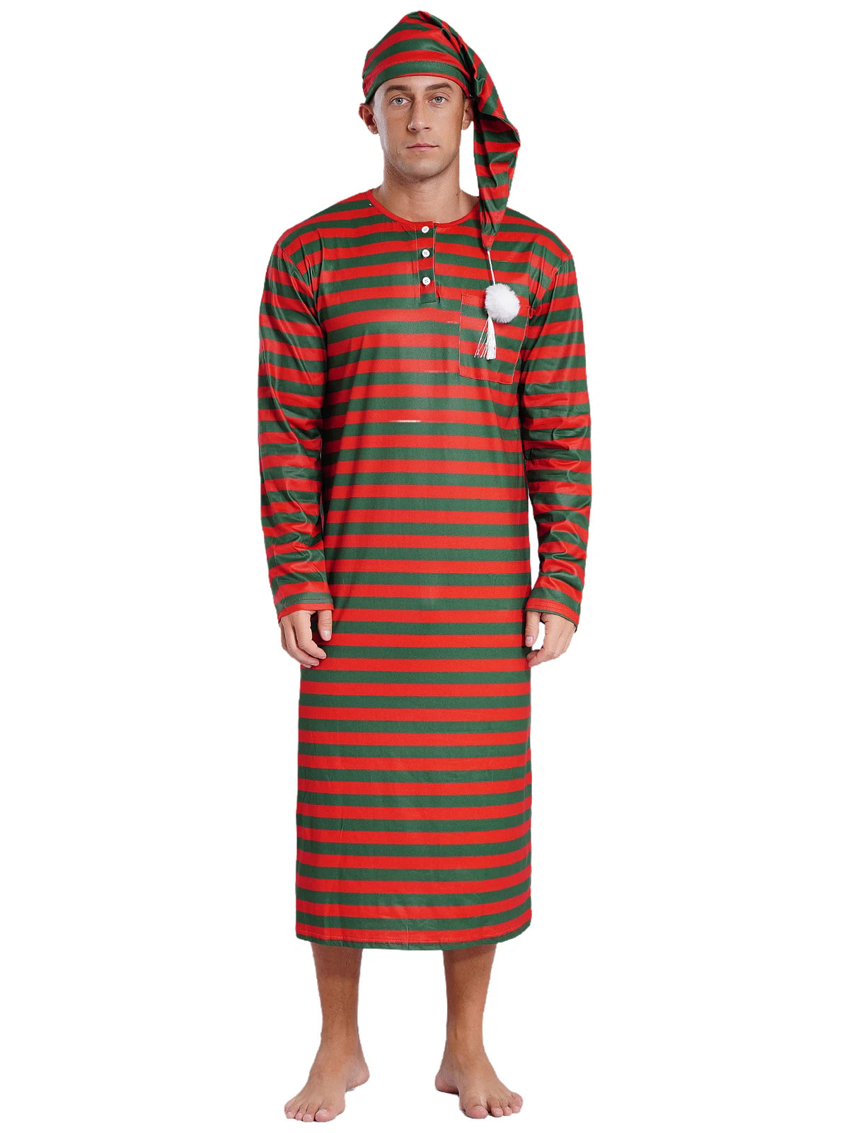 Men's Pajamas Set Long Sleeve Striped Robe Round Neck Loose Sleepwear with Hat