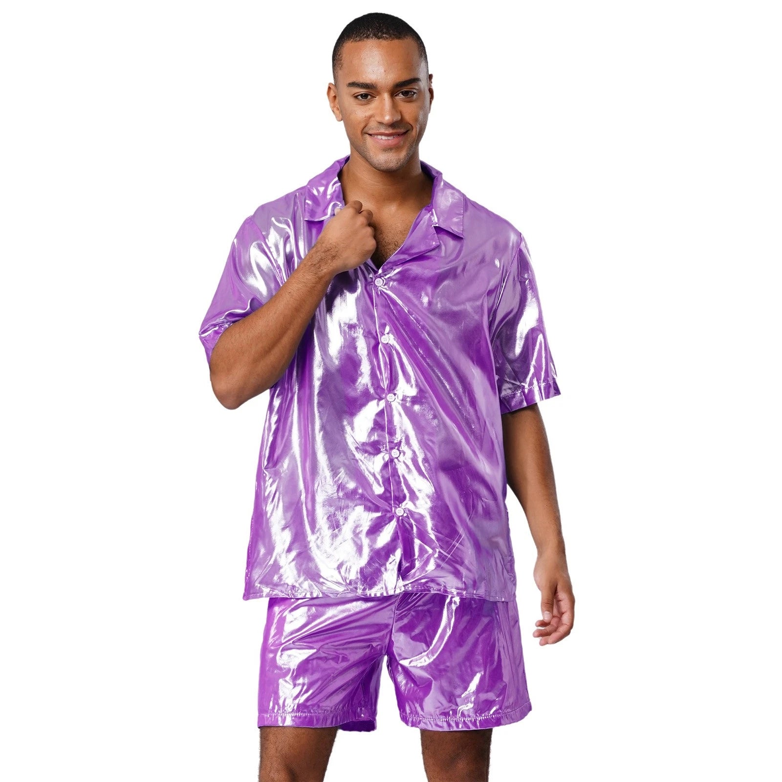 Men Shiny Glossy See-Through Metallic Chiffon Jumpsuit Bodysuit /Pajama Set