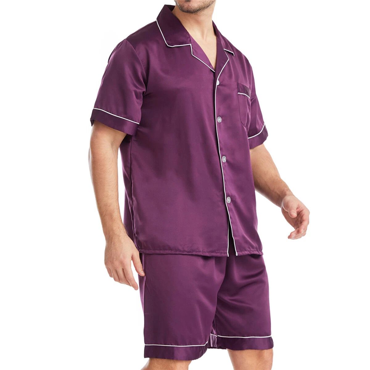 Men Satin Pajamas Set Shorts + Shirt Sleepwear Lounge Nightwear Buttons Outfit