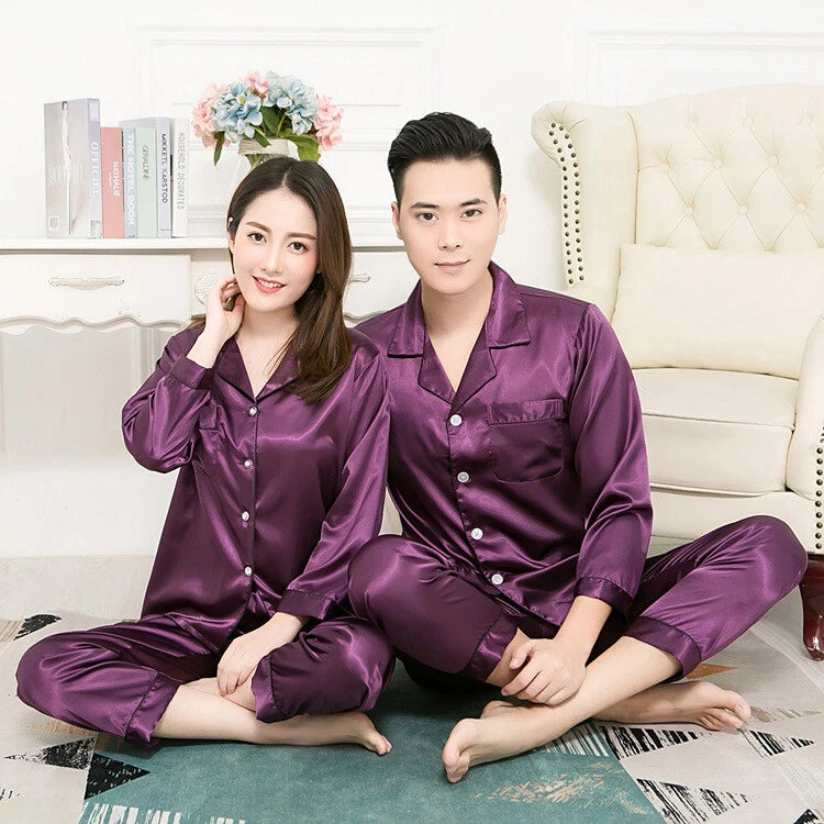 Men Women Silk Satin Pajamas Set Couple Sleepwear Lovers Unisex Nightwear Pijama