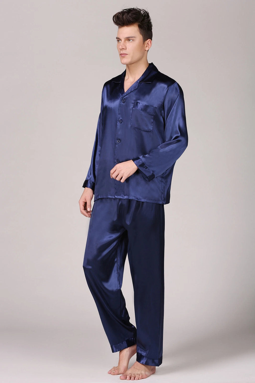 Mens Satin Silk Pyjamas Set Long Traditional Button Up Pyjama PJs Nightwear New