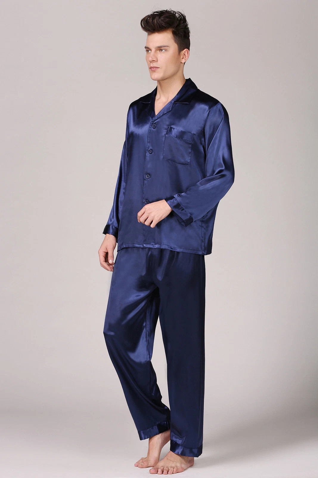Mens Satin Silk Pyjamas Set Long Traditional Button Up Pyjama PJs Nightwear New