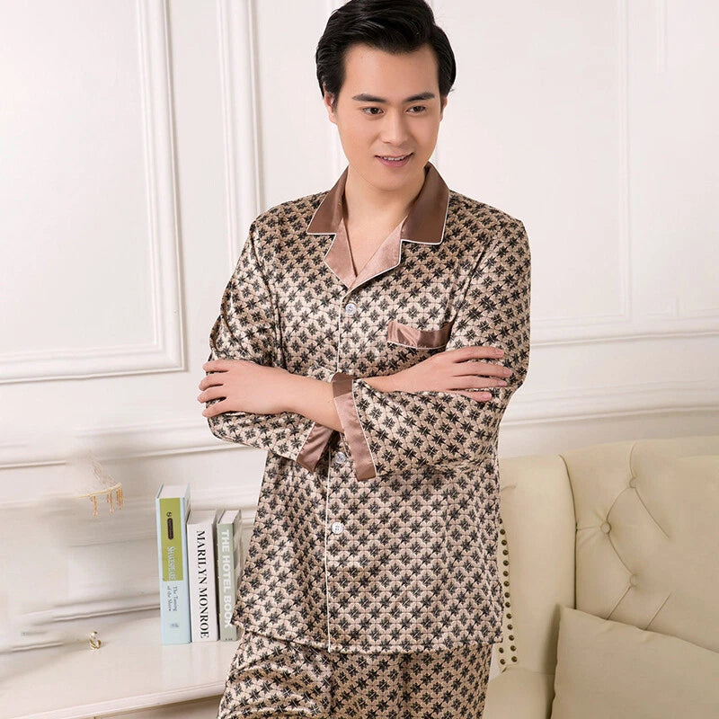 Luxury Mens Silk Satin Pajamas Set Soft Pyjamas Long Sleeve Sleepwear Loungewear