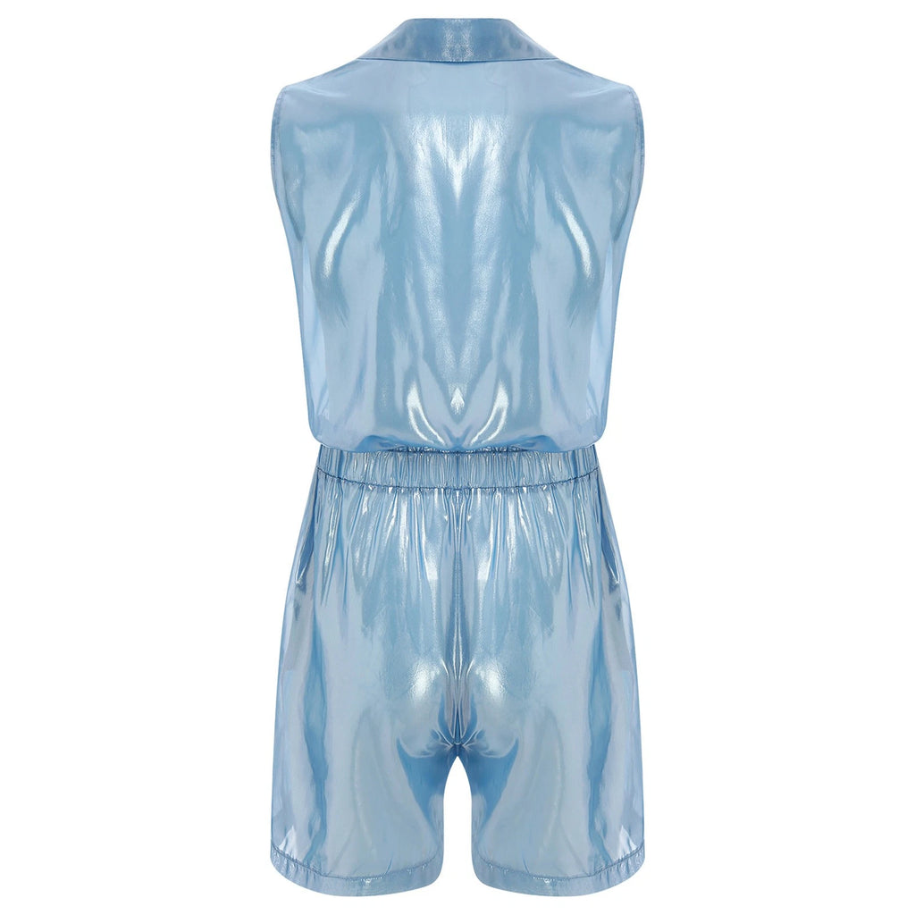 Men Shiny Glossy See-Through Metallic Chiffon Jumpsuit Bodysuit /Pajama Set