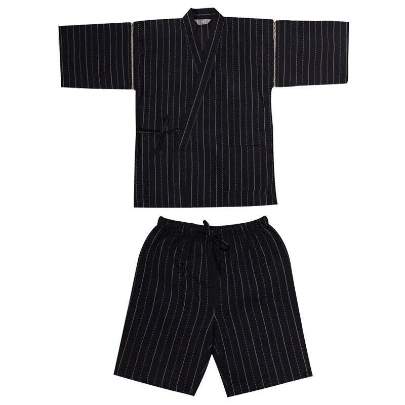 Men Japanese Kimono Pyjama Sets Yukata Jinbei Traditional Stripe Soft Nightwear