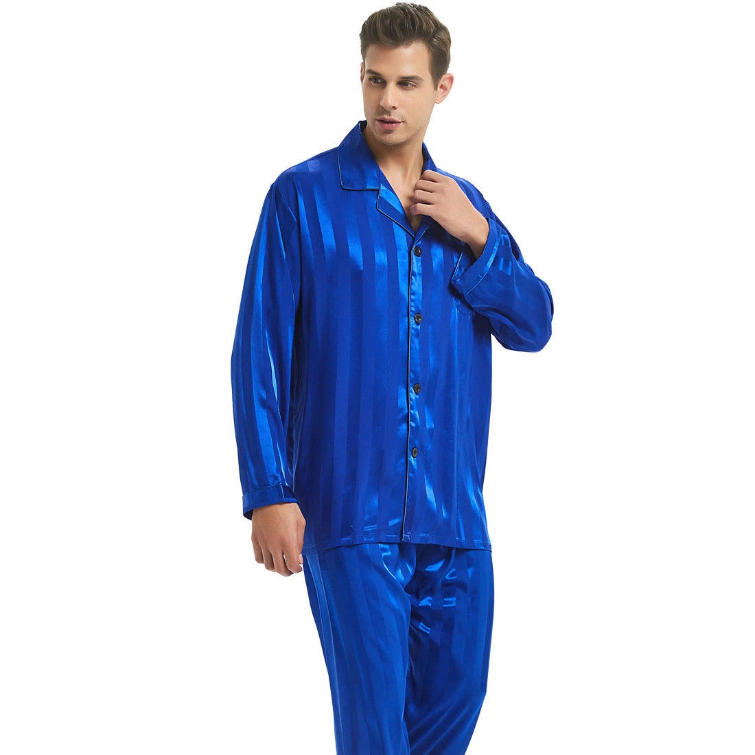 Mens Silk Satin Pajamas Sets Long Sleeves Pajamas Sleepwear Nightwear Loungewear