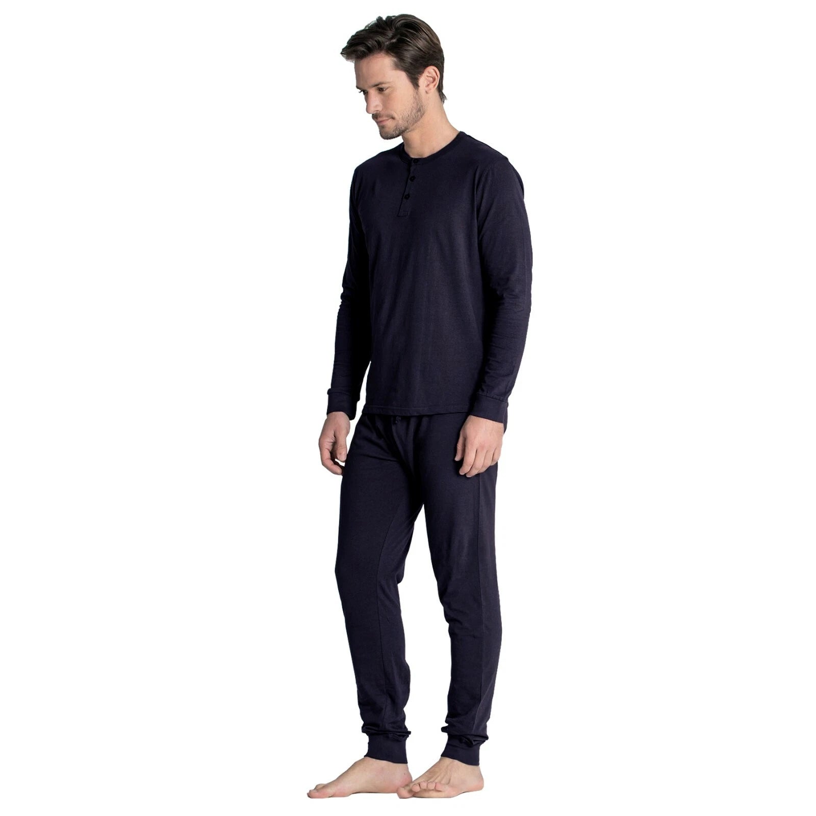Mens Henley Pyjamas Sets PJ's Nightwear Loungewear Button Up Long Sleeve Tops