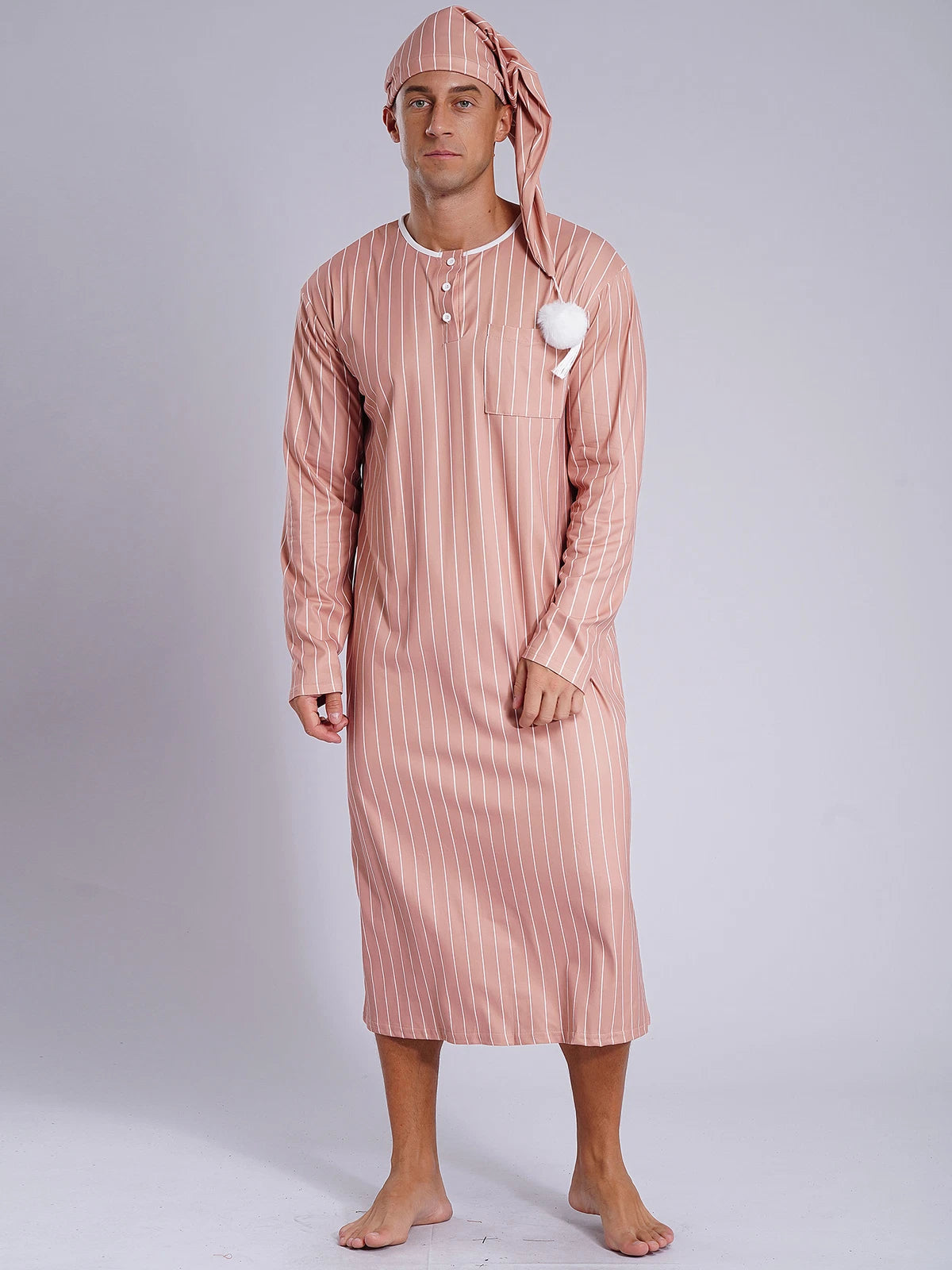 Mens Nightwear Halloween Nightgowns Plaid Pajamas Pompom Loungewear Nightshirt
