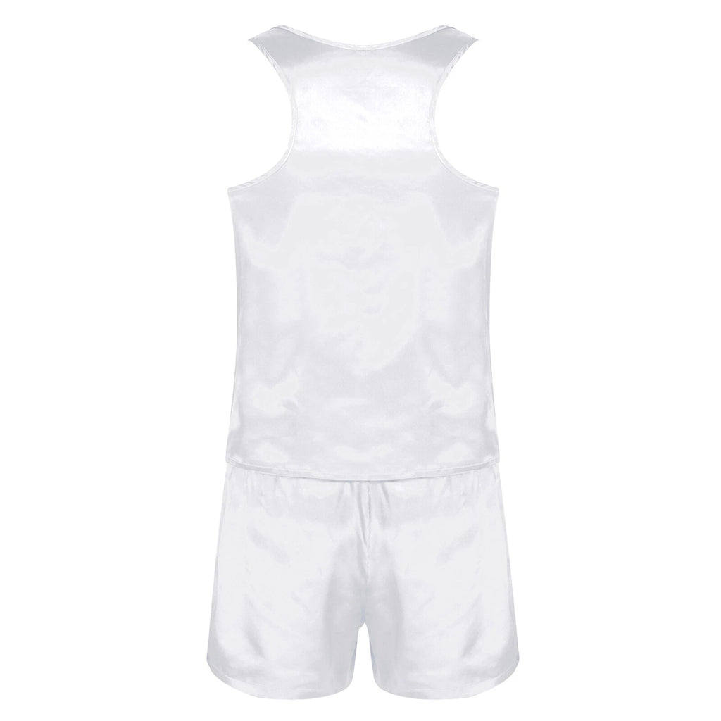 Men's Silk Satin Pajamas Set Vest Top and Boxer Shorts Sleepwear Home Loungewear