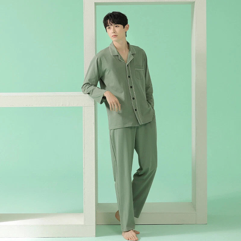 Men's Homewear Pajama Set Pure Color Soft Comfort Antibacterial Long Sleeve