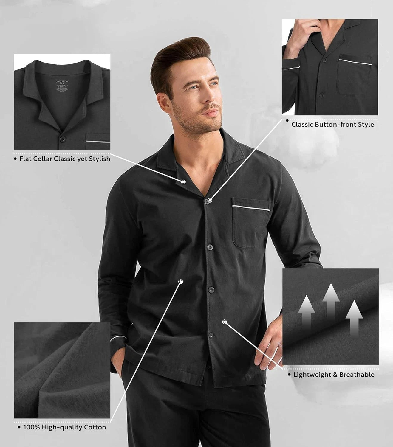DAVID ARCHY Mens Pajamas Set Soft Cotton Notched Collar Pajamas for Men Long Sle