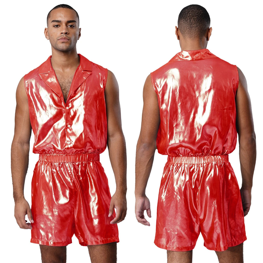 Men Shiny Glossy See-Through Metallic Chiffon Jumpsuit Bodysuit /Pajama Set