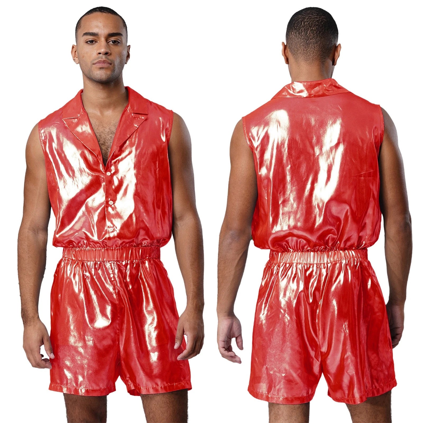 Men Shiny Glossy See-Through Metallic Chiffon Jumpsuit Bodysuit /Pajama Set