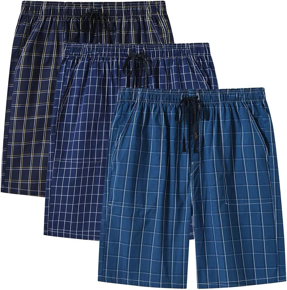 Men's Sleepwear Lounge Shorts 100% Cotton Plaid Pajama Bottoms Button Fly 3 Pack
