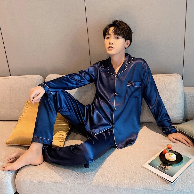 Mens Silk Satin Pajamas Pj Set Top and Bottom Sleepwear Nightwear Casual pijamas