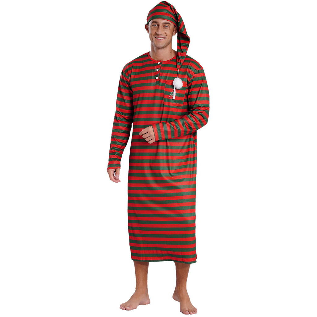 Men's Pajamas Set Long Sleeve Striped Robe Round Neck Loose Sleepwear with Hat