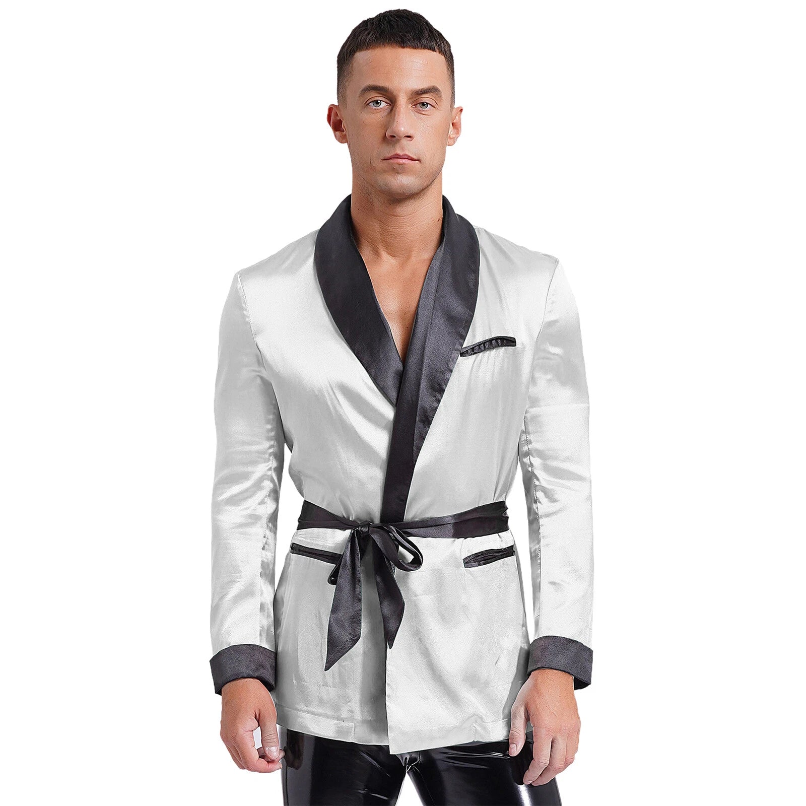 Men's Silk Satin Pajamas Set Short Sleeves Top and Bottom Boxer Shorts Shirt Set
