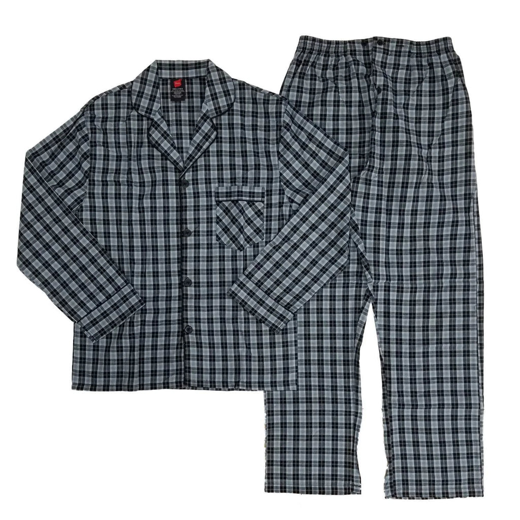 NWT Hanes Mens 2 PC Gray Plaid Woven Shirt & Pants Pajama Sleep Sz SMALL or MED