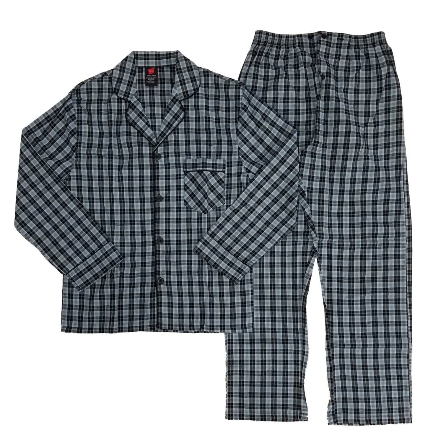 NWT Hanes Mens 2 PC Gray Plaid Woven Shirt & Pants Pajama Sleep Sz SMALL or MED