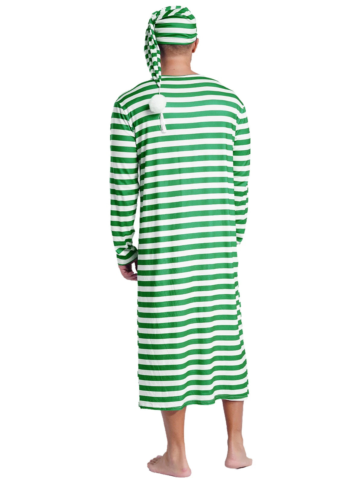 Men's Pajamas Set Long Sleeve Striped Robe Round Neck Loose Sleepwear with Hat