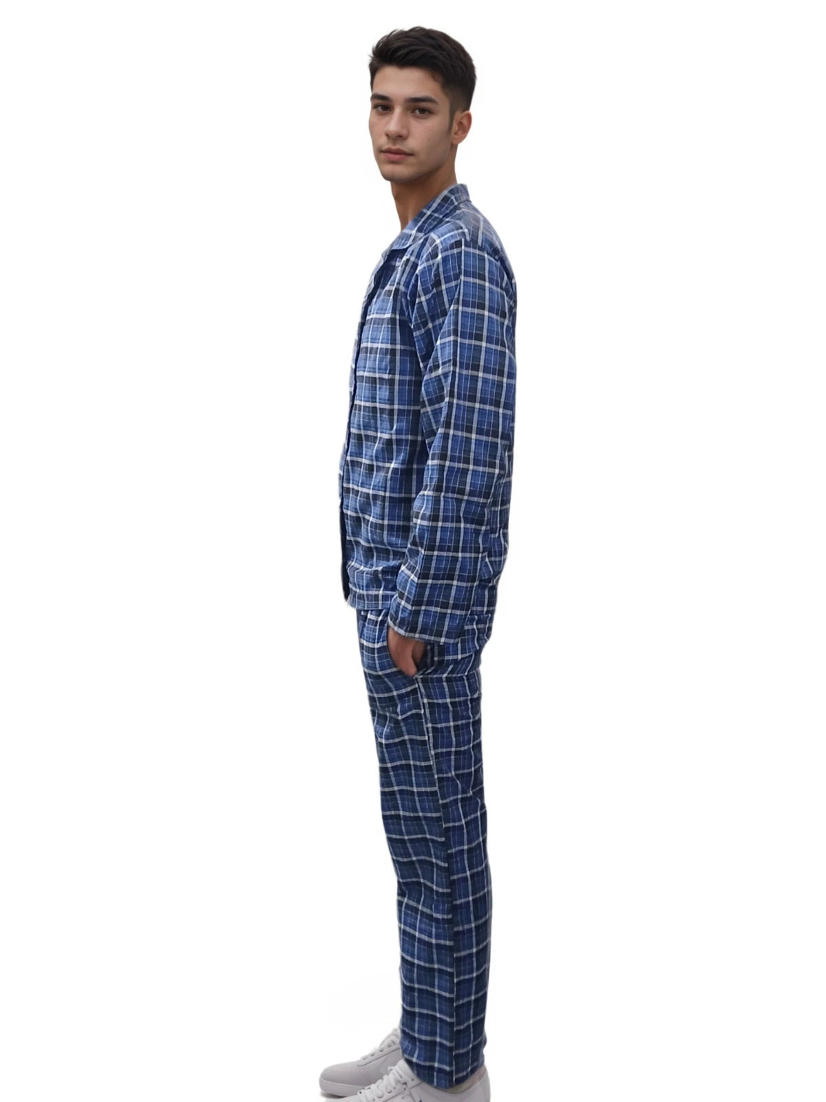 Mens Checked Pyjamas Set Cotton Blend Traditional Nightwear Lounge Wear Top PJ's