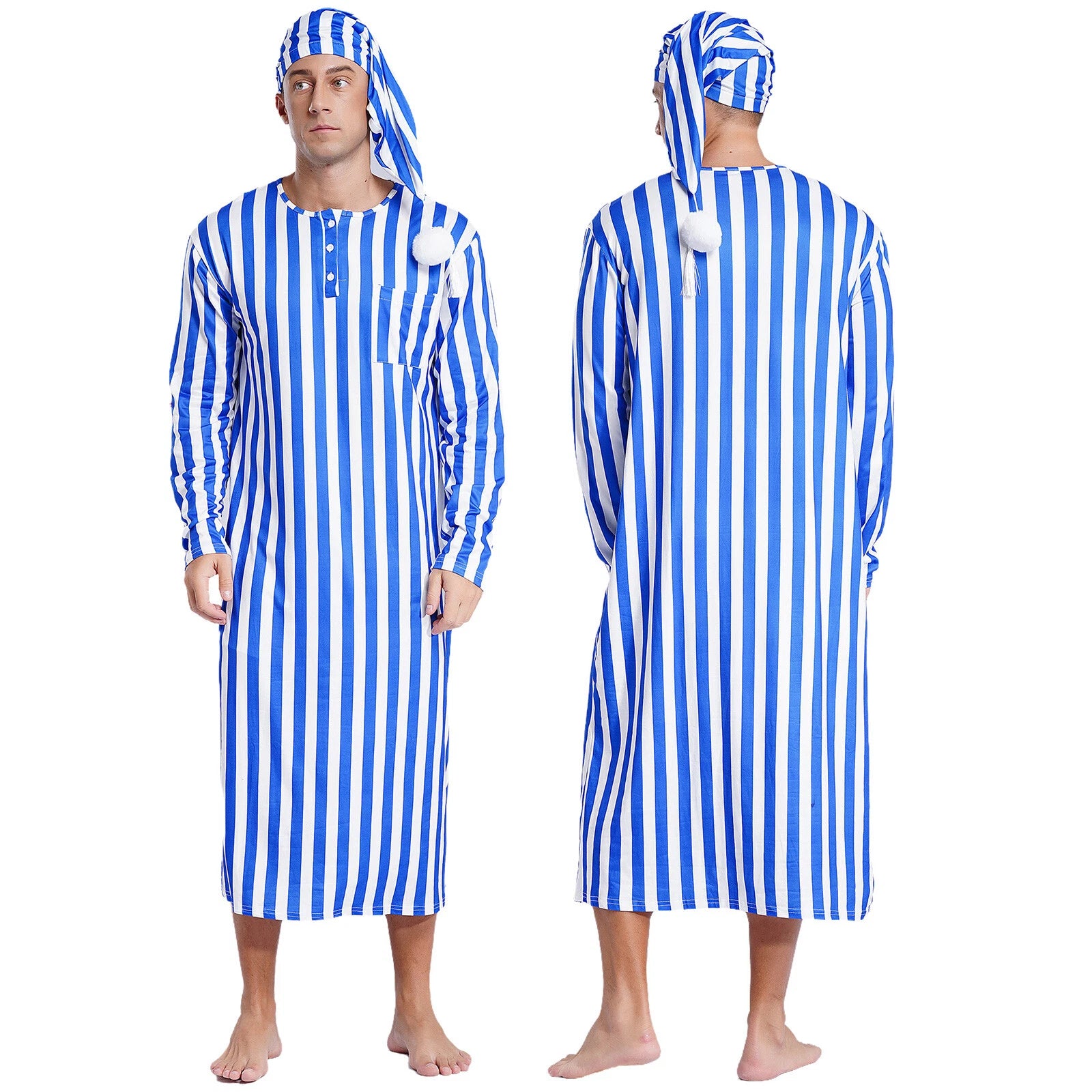 Mens Nightwear Halloween Nightgowns Plaid Pajamas Pompom Loungewear Nightshirt