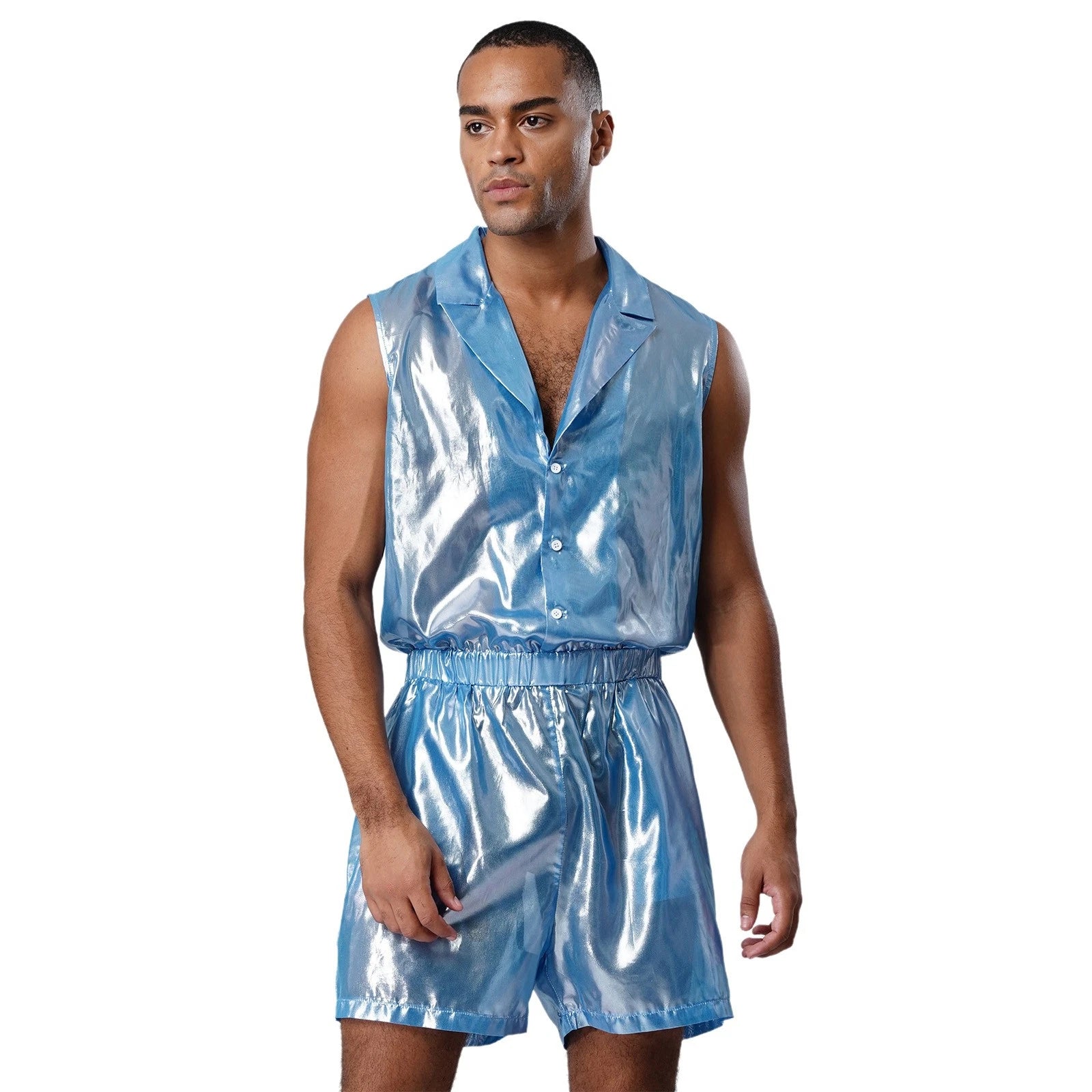 Men Shiny Glossy See-Through Metallic Chiffon Jumpsuit Bodysuit /Pajama Set