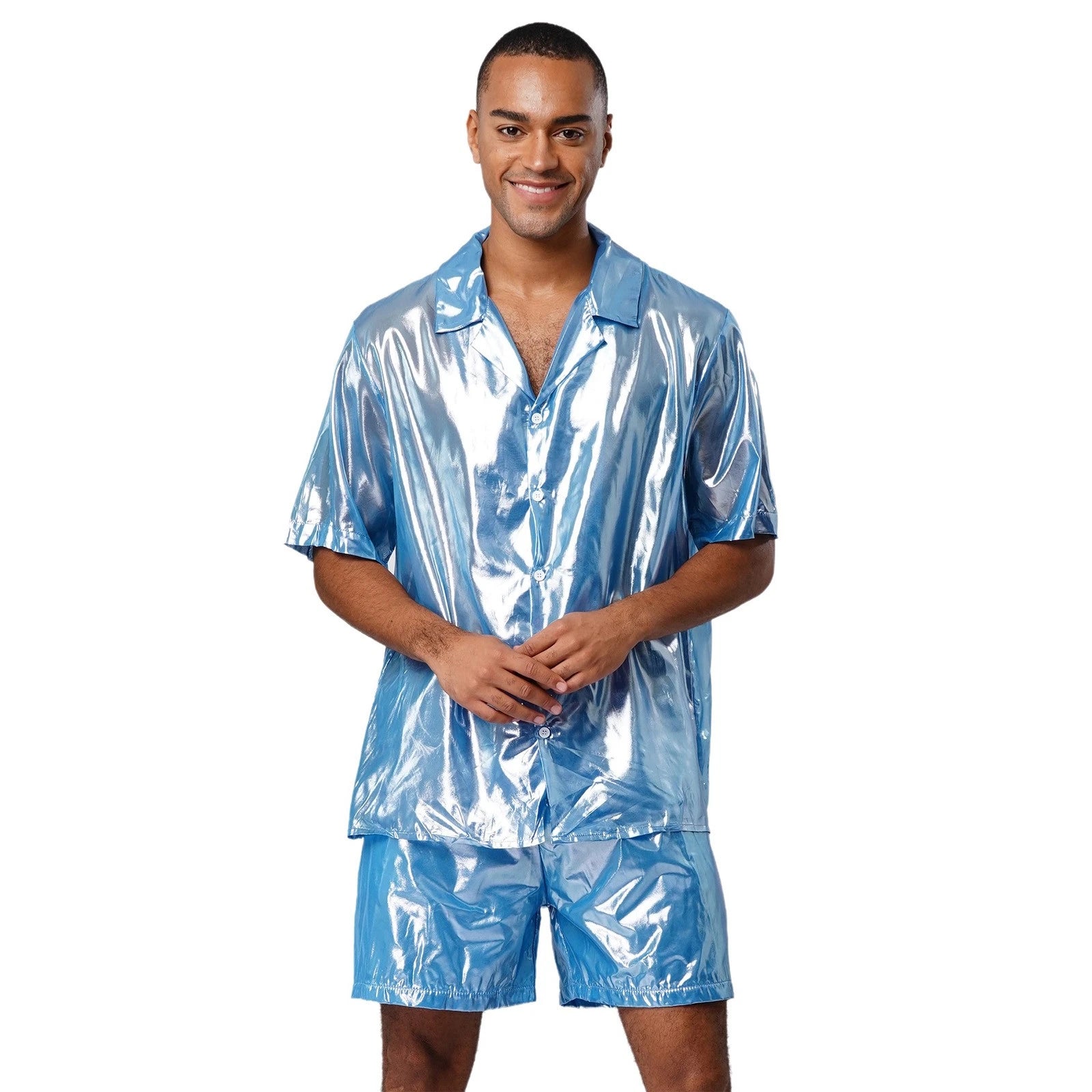Men Shiny Glossy See-Through Metallic Chiffon Jumpsuit Bodysuit /Pajama Set