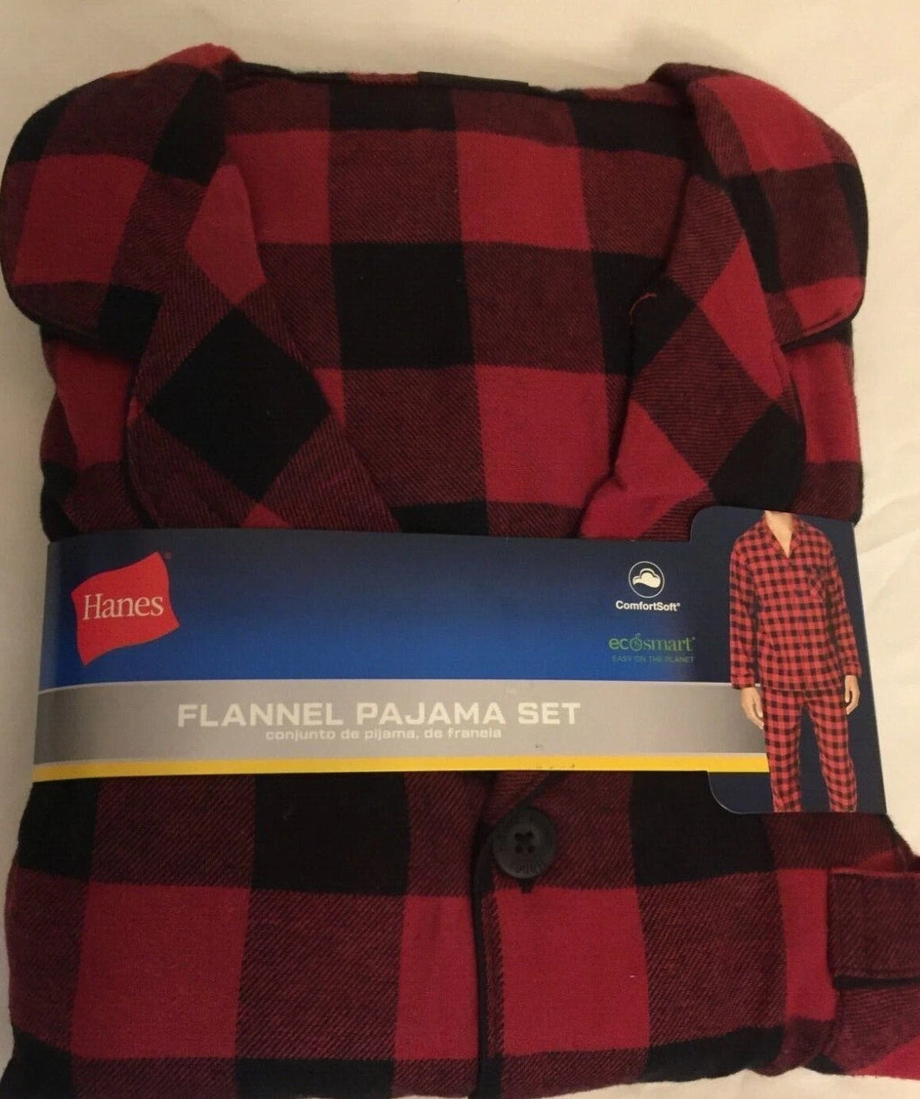 NWT Men's Hanes Flannel RED / BLACK Gray Plaid L/S Pant Set Pajamas PJs Cotton