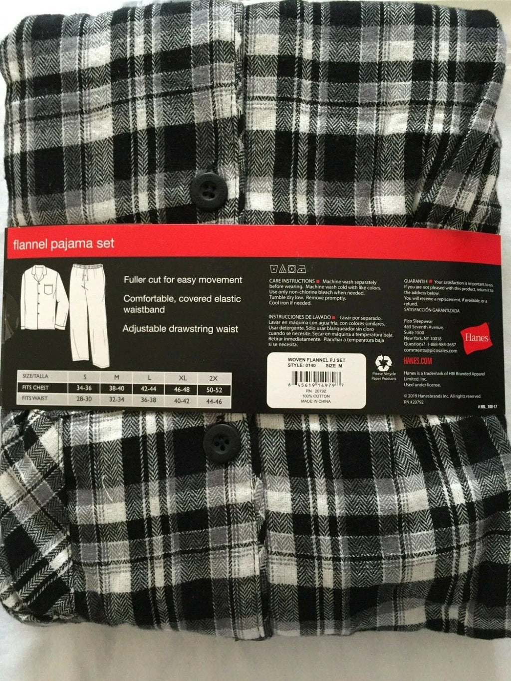 NWT Men's Hanes Flannel RED / BLACK Gray Plaid L/S Pant Set Pajamas PJs Cotton