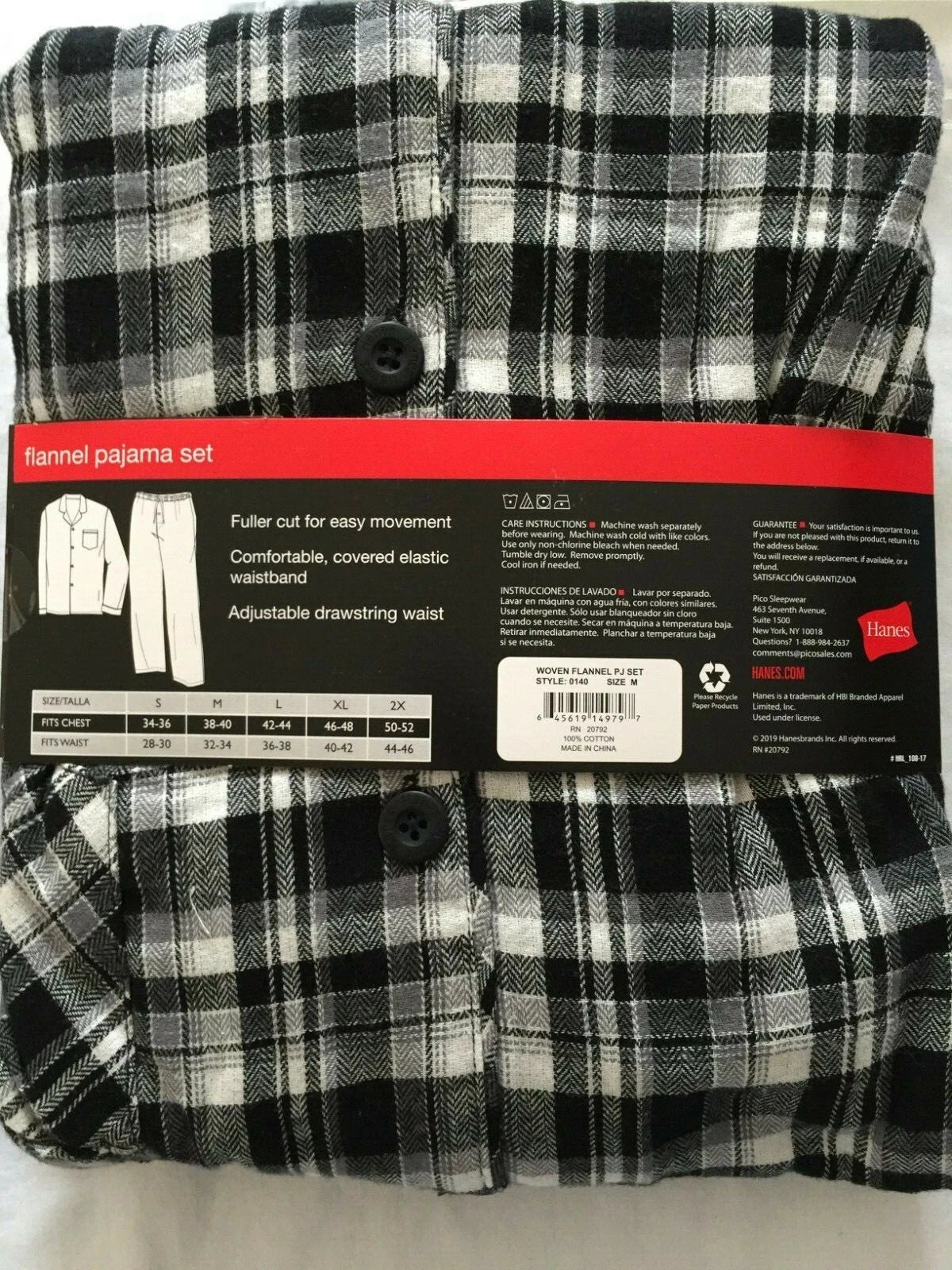 NWT Men's Hanes Flannel RED / BLACK Gray Plaid L/S Pant Set Pajamas PJs Cotton