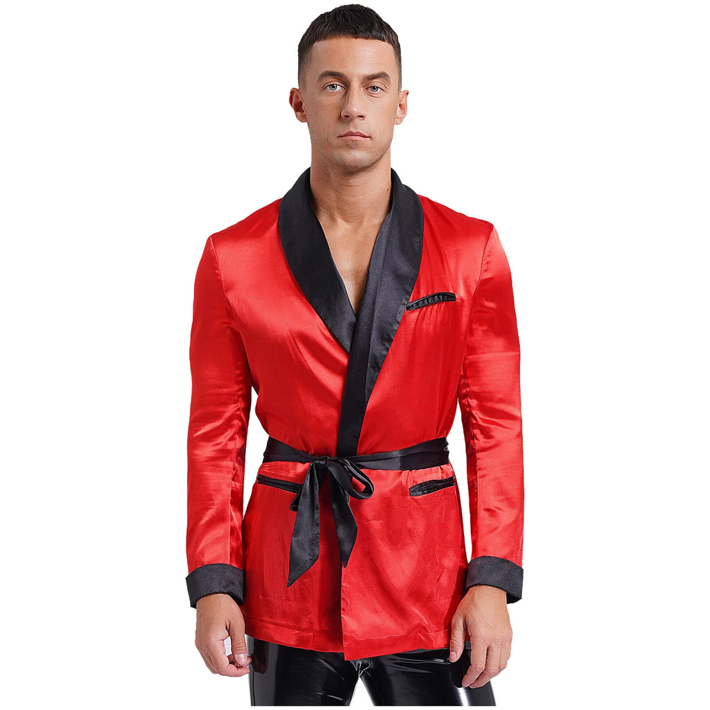 Men's Silk Satin Pajamas Set Short Sleeves Top and Bottom Boxer Shorts Shirt Set