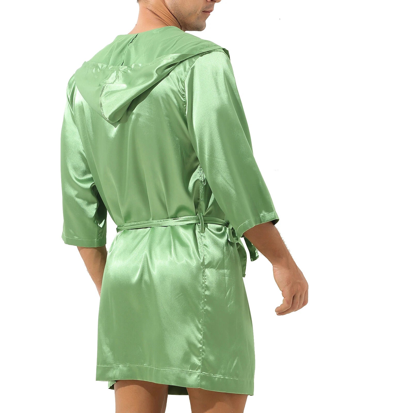 Men's Hooded Robe Set Silk Satin Night Gown Bathrobe Pajama Hot Pants Underwear