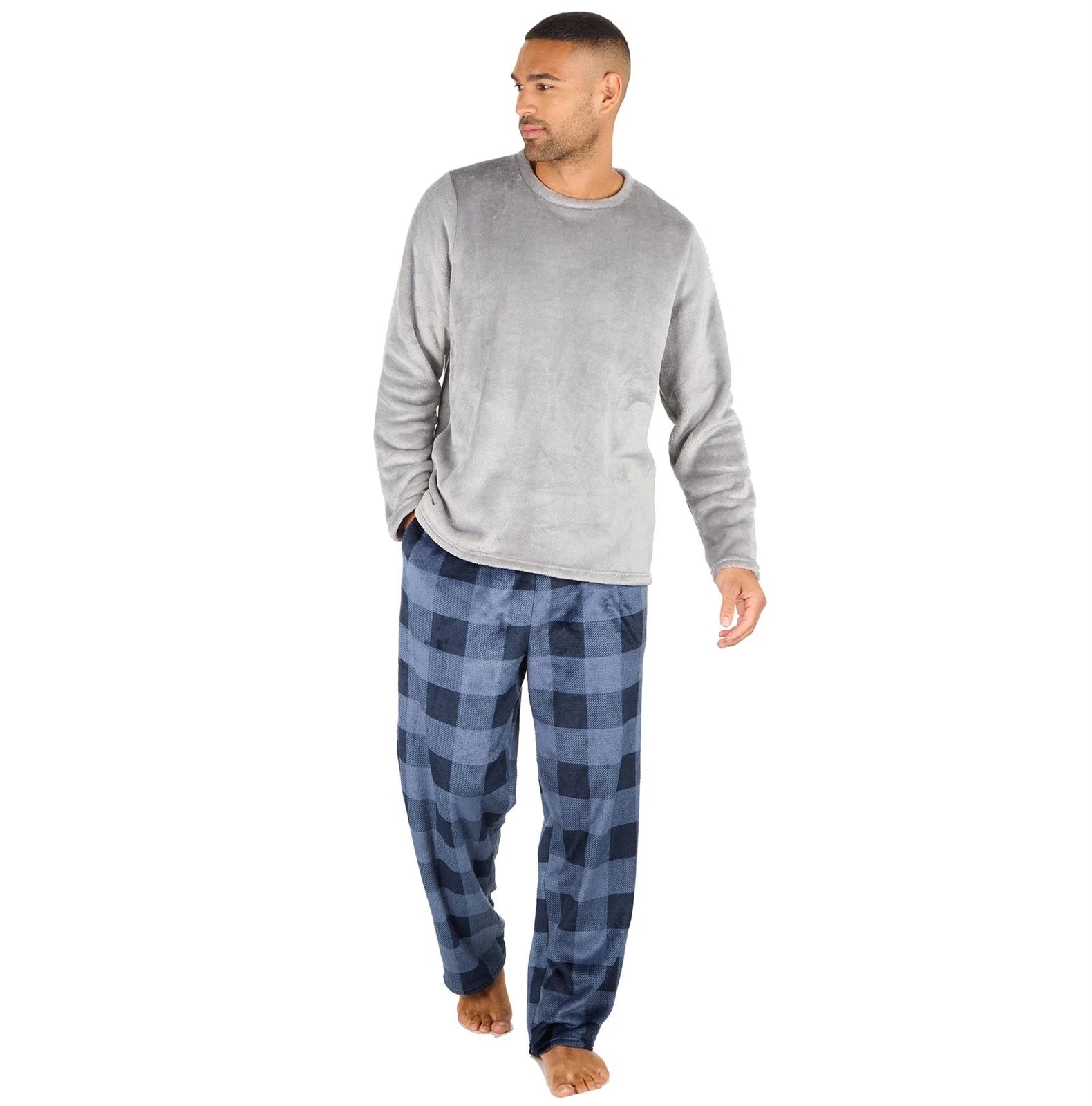 Mens Fleece Pyjamas Long Sleeve Pyjama Set Gamer Gaming Check Size S-XXL