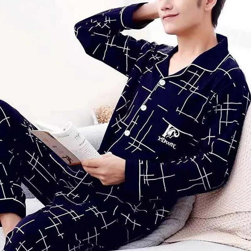 Men's Pajama Sets Simple Sleepwear Long Sleeve Cotton Top Pant Leisure Outwear