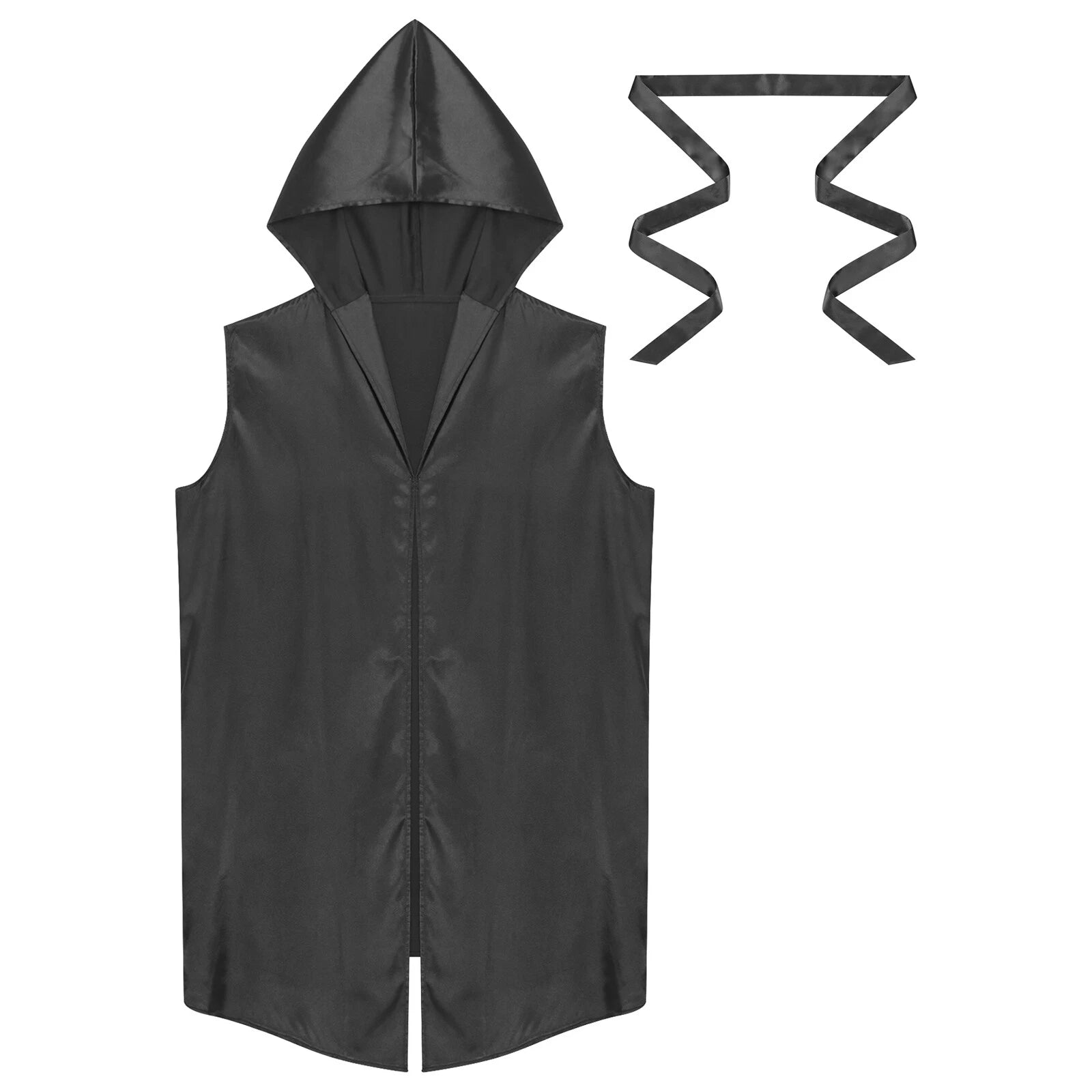 Men's Satiny Pajama Robe Set Sleeveless Silk Hooded Bathrobe with Belt Sleepwear