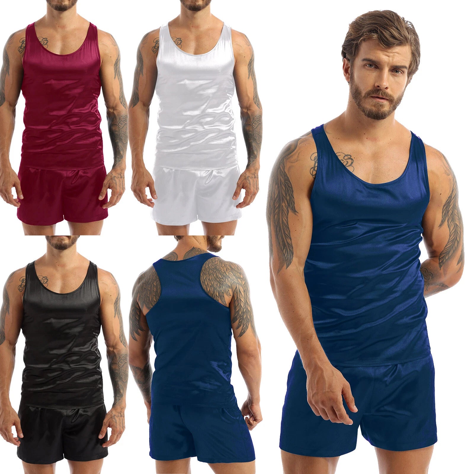 Men's Satin Pajamas Set Soft Silky Loungewear Nightwear Shirts Top with Shorts