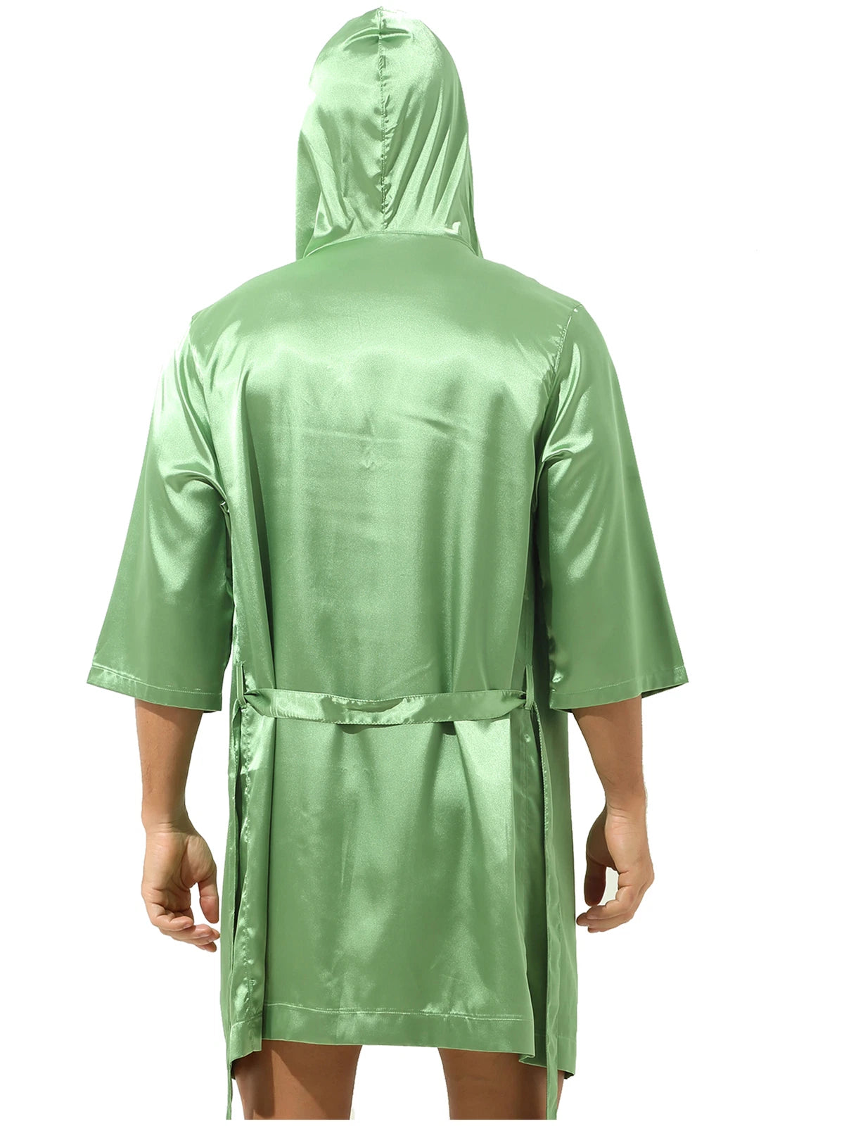 Mens Silk Satin Pajamas Set Open Front Hooded Robe Bathrobe Sleepwear with Belt