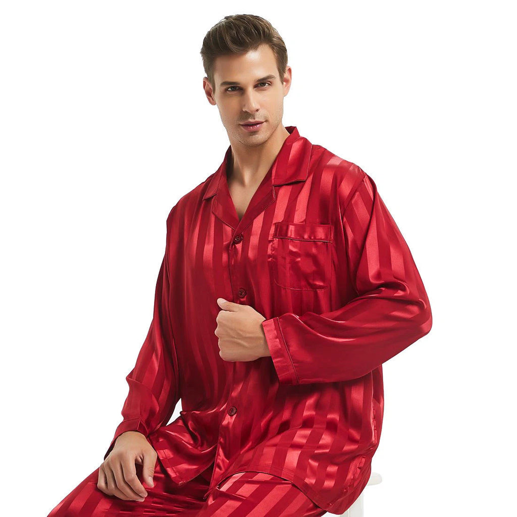 Mens Silk Satin Pajamas Sets Long Sleeves Pajamas Sleepwear Nightwear Loungewear