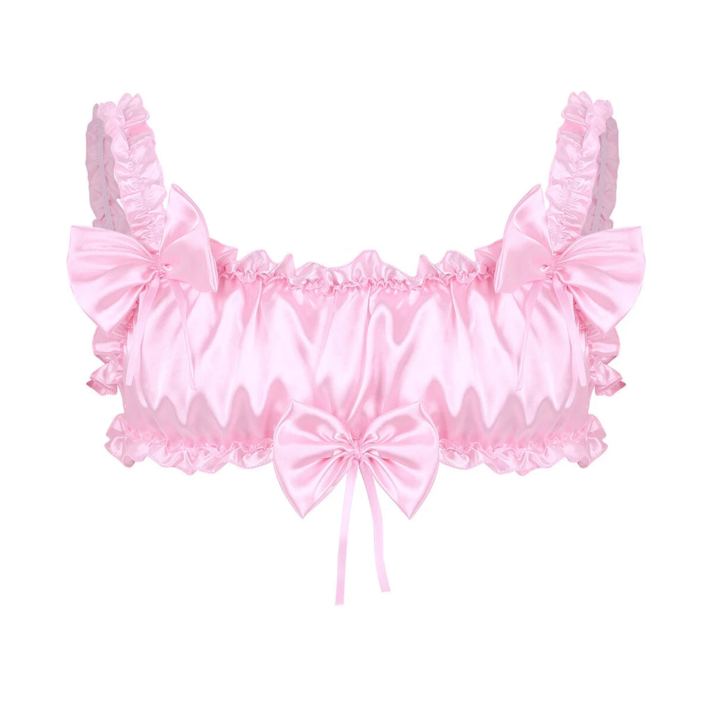Men Ruffled Lingerie Set Cami Straps Bandeau Bra Thong 2Pcs Crossdresser Pajamas